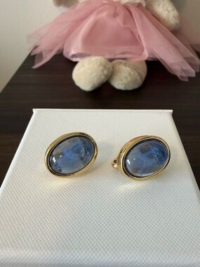 Nina Ricci Paris Vintage Blue Stone Earrings — Gold Oval Statement
